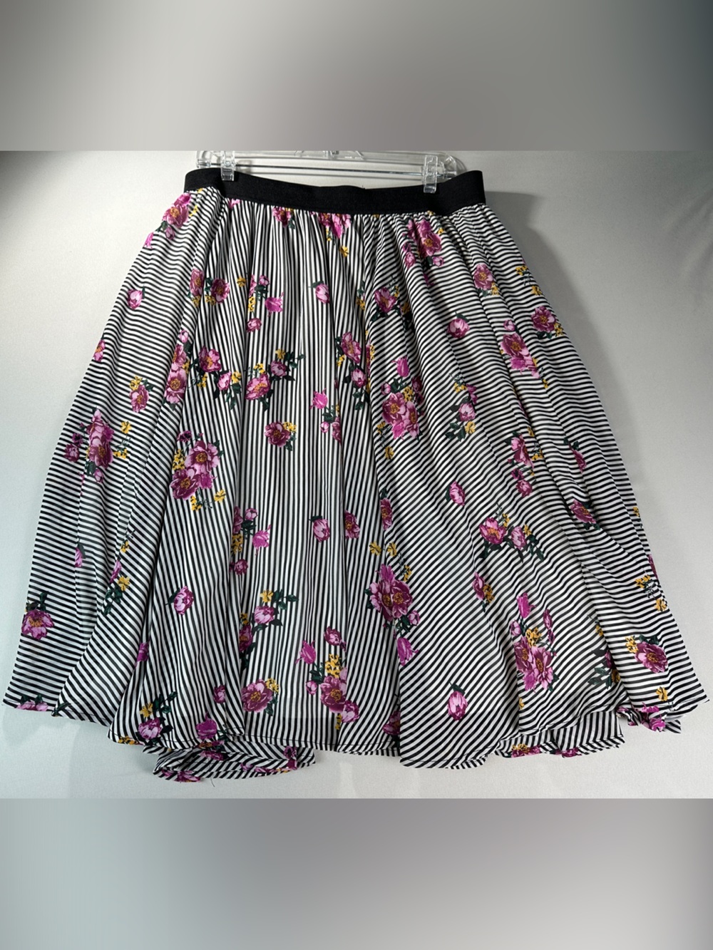 torrid Skirt 1 2 Black White Striped Skater Pink Floral Print Elastic Waist